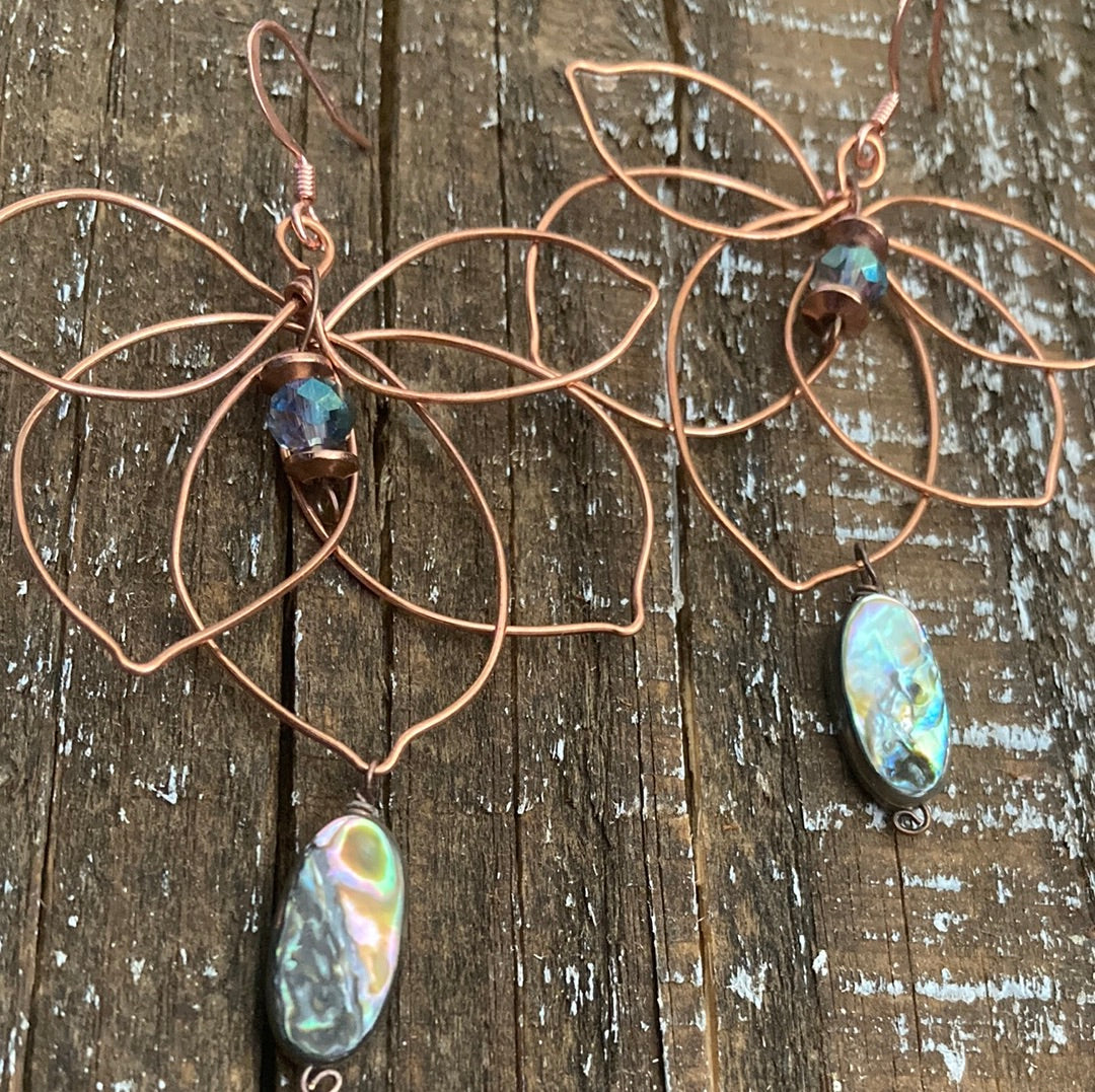 Copper Lotus Earrings Abalone or Brown Agate