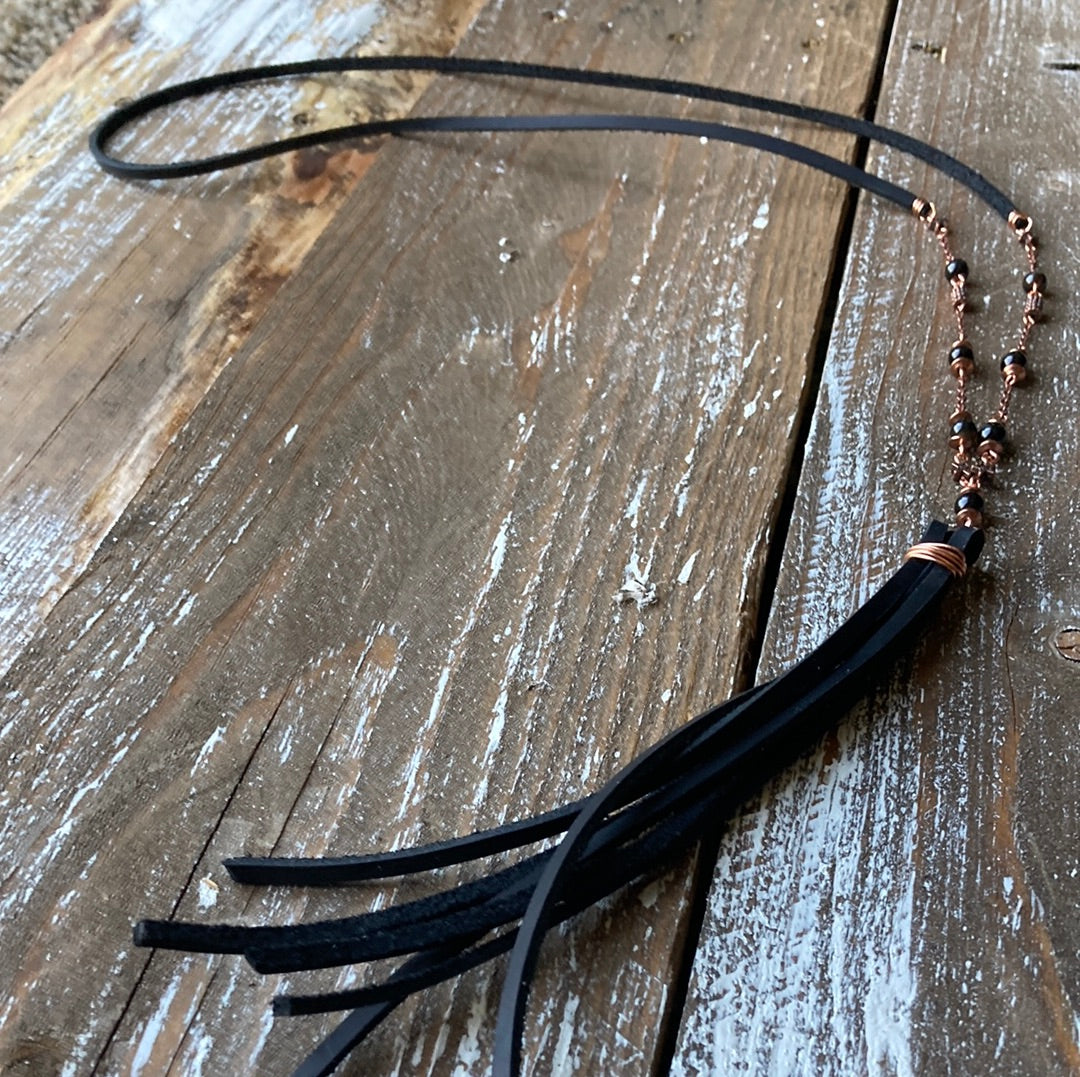 Copper and Black Leather Tassel Necklace
