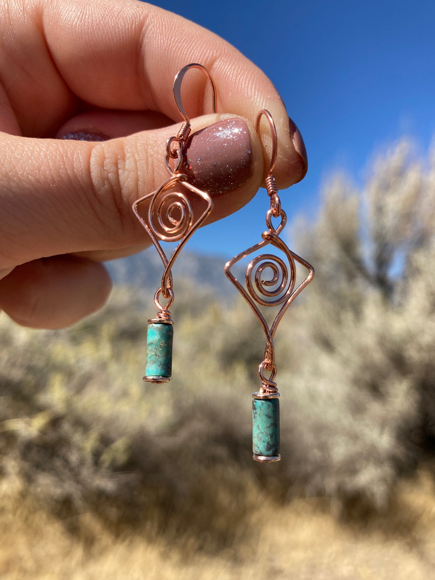 Copper Geometric Swirl Dangle Earrings
