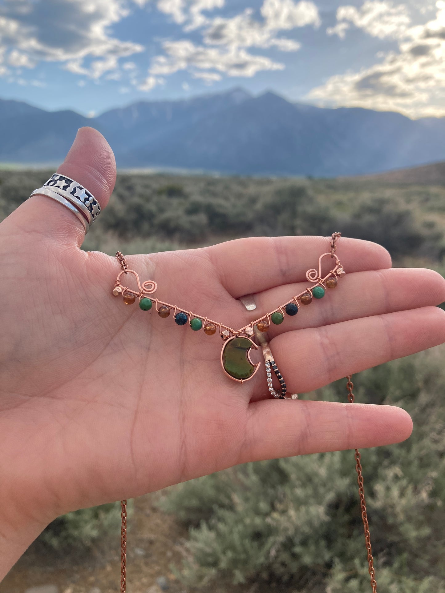 Copper Turquoise and Hessonite Garnet Moon Necklace