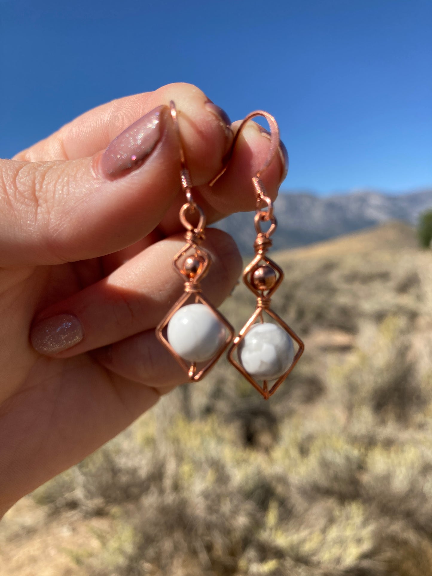 Copper and White Howlite Wire Wrapped Drop Earrings