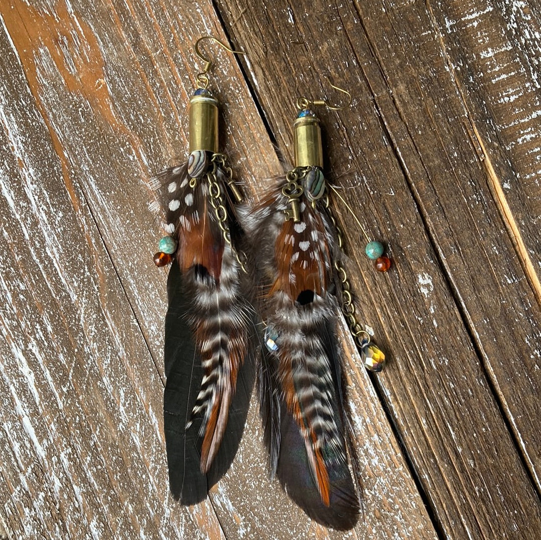 Bullet Charm and Feather Earrings