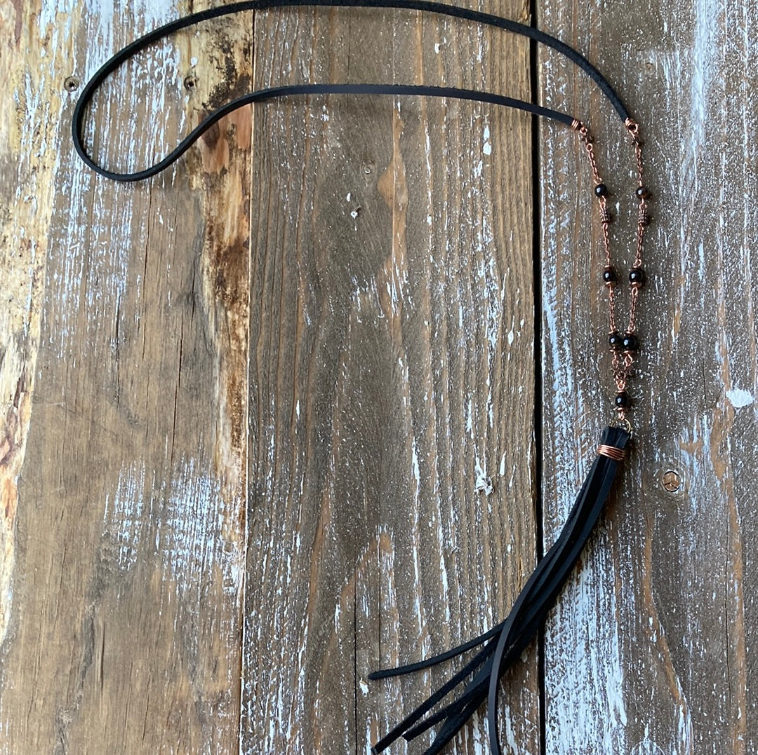 Copper and Black Leather Tassel Necklace