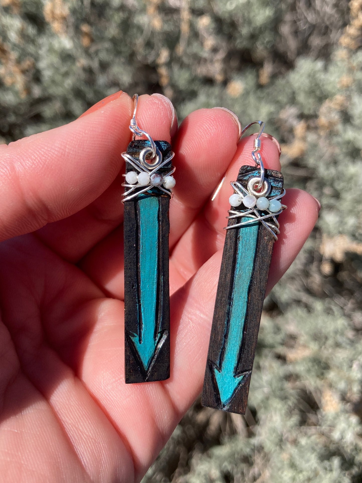 Wood-Burned, Painted Arrow, Larimar Stone Wire-Wrapped Earrings