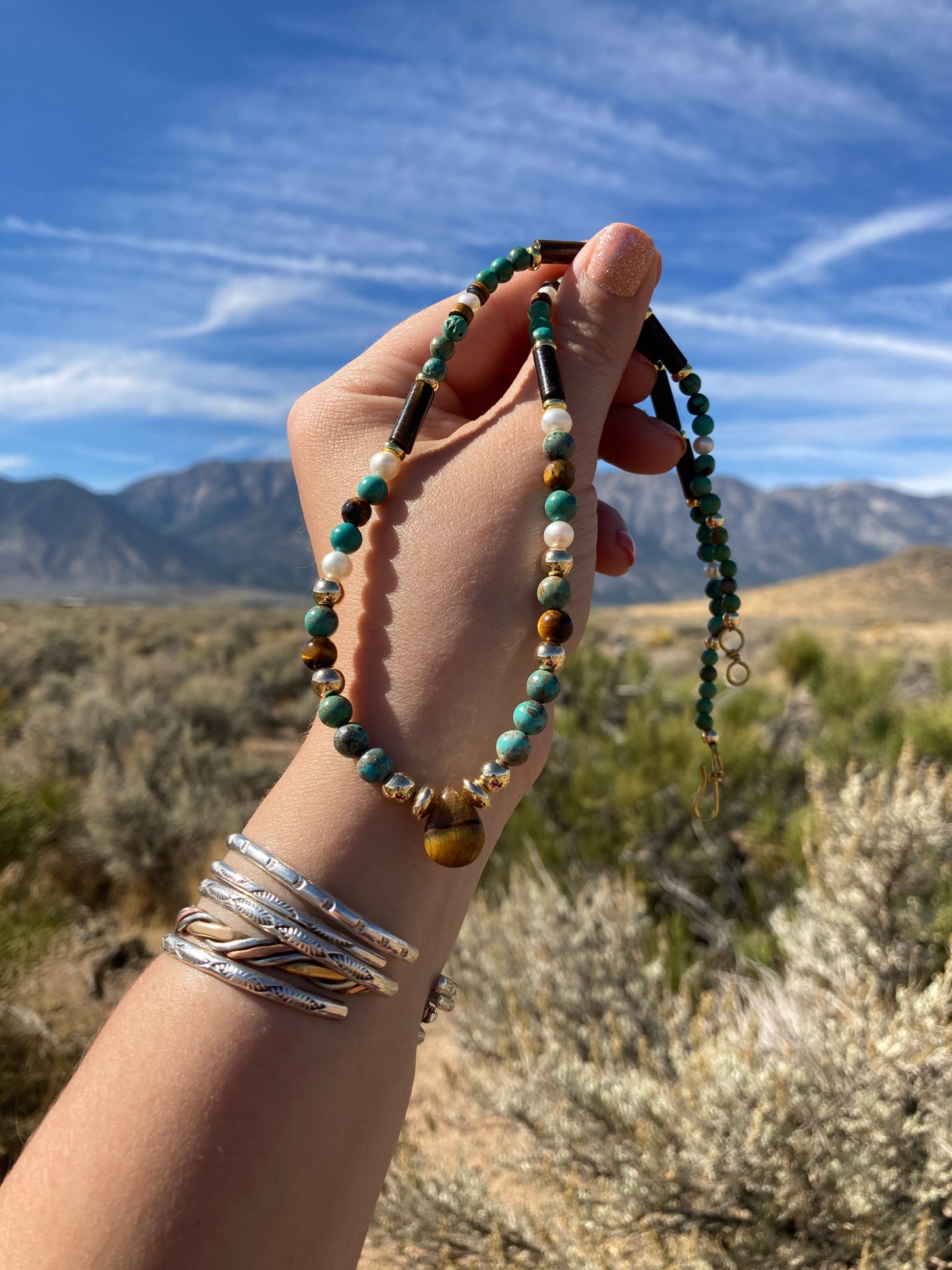 Brass Tigers Eye Fresh Water Pearl and Turquoise Necklace