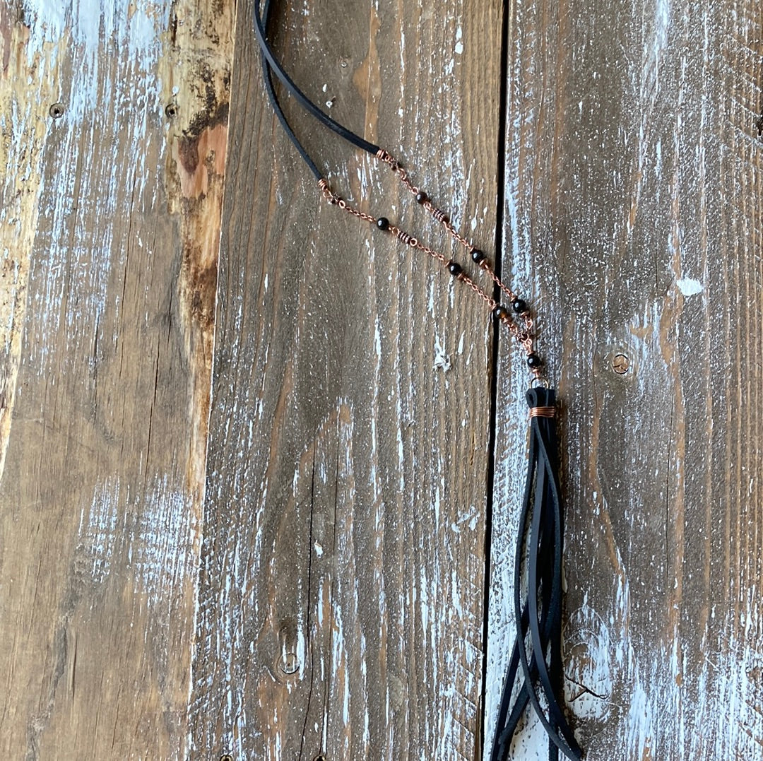 Copper and Black Leather Tassel Necklace