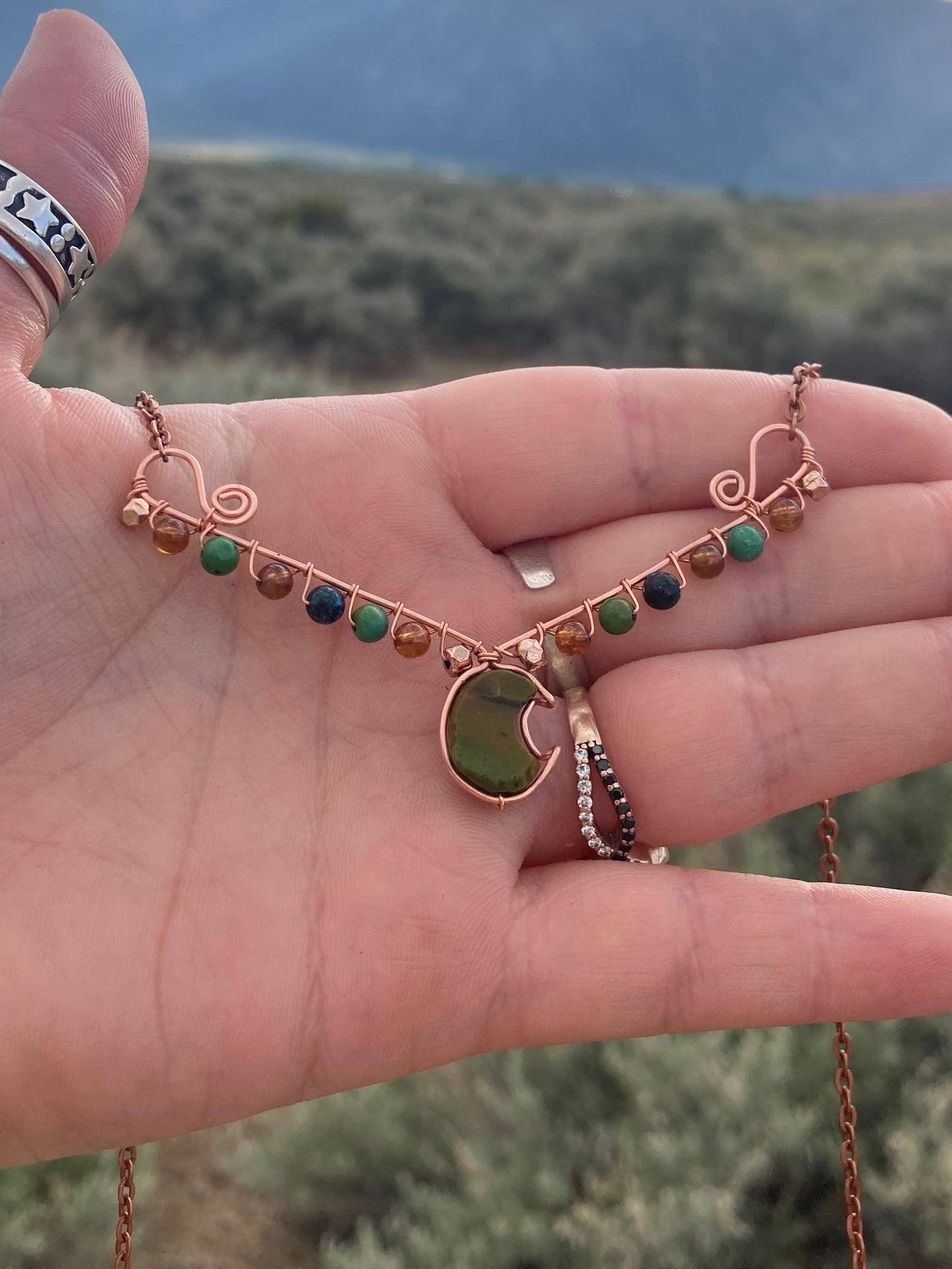 Copper Turquoise and Hessonite Garnet Moon Necklace