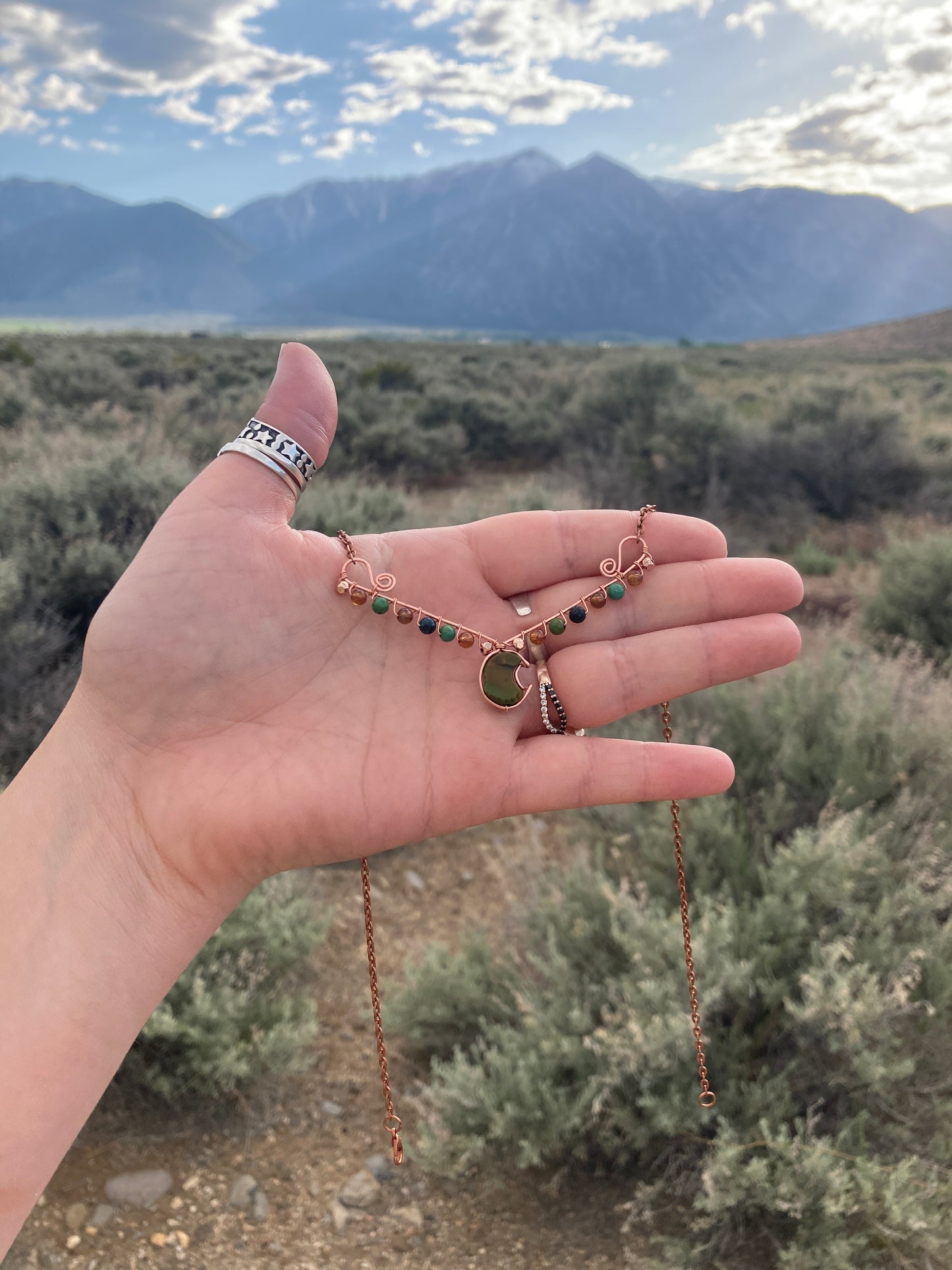 Copper Turquoise and Hessonite Garnet Moon Necklace