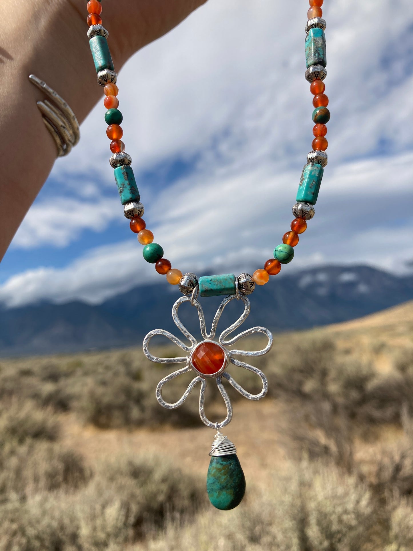 Turquoise and Carnelian Daisy Necklace