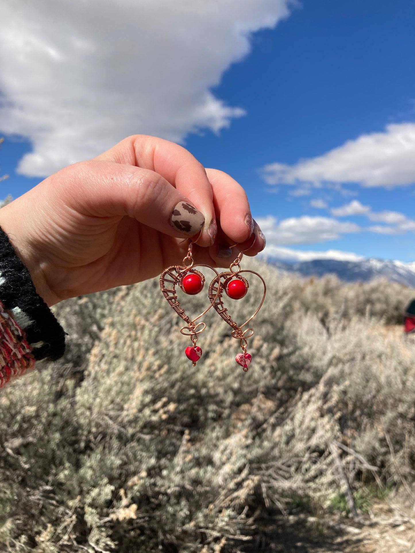 Copper and Red Heart Wire-wrapped Earrings
