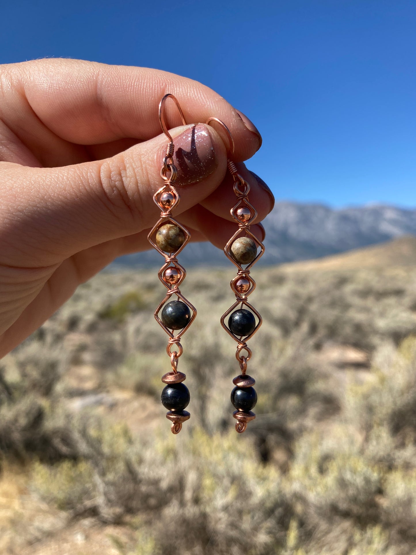 Copper Black Onyx and Grey Map Agate Dangle Earrings