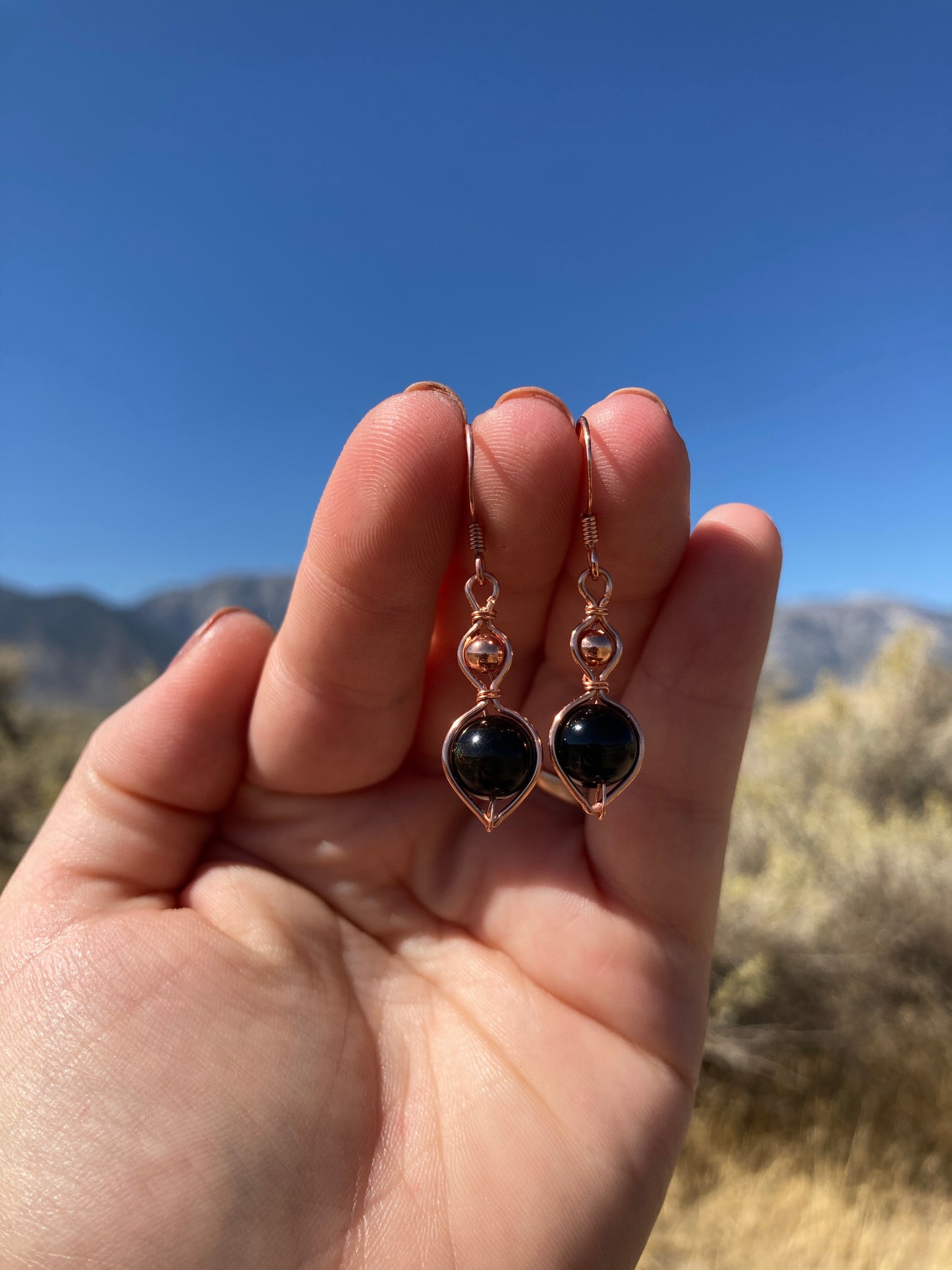 Copper and Black Onxy Wrapped Earrings