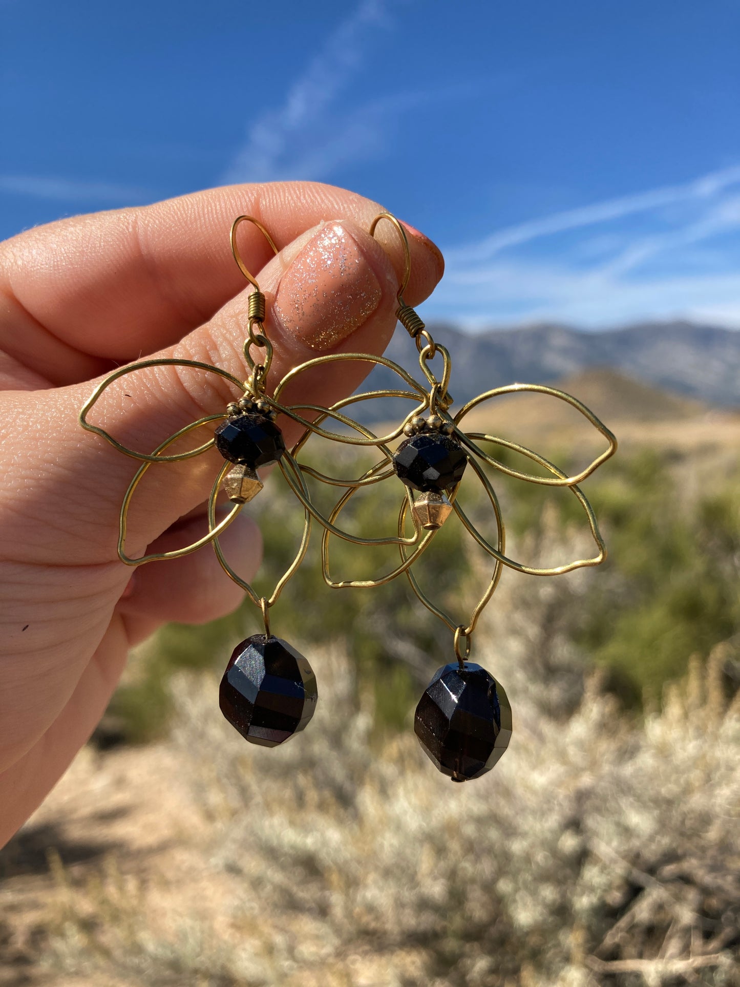 Brass and Smokey Quartz Lotus Flower Earrings