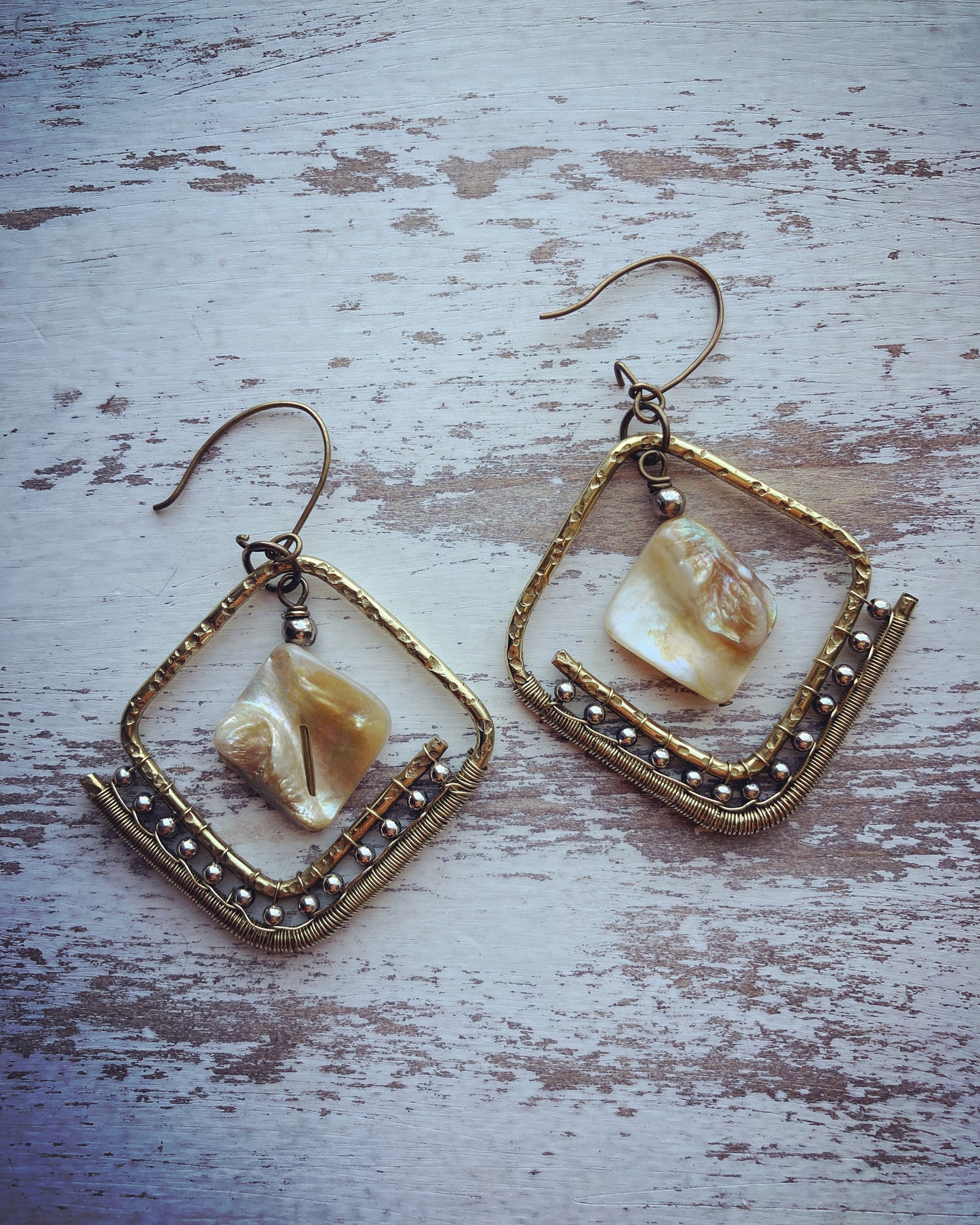 Brass and Pearl Diamond Earrings
