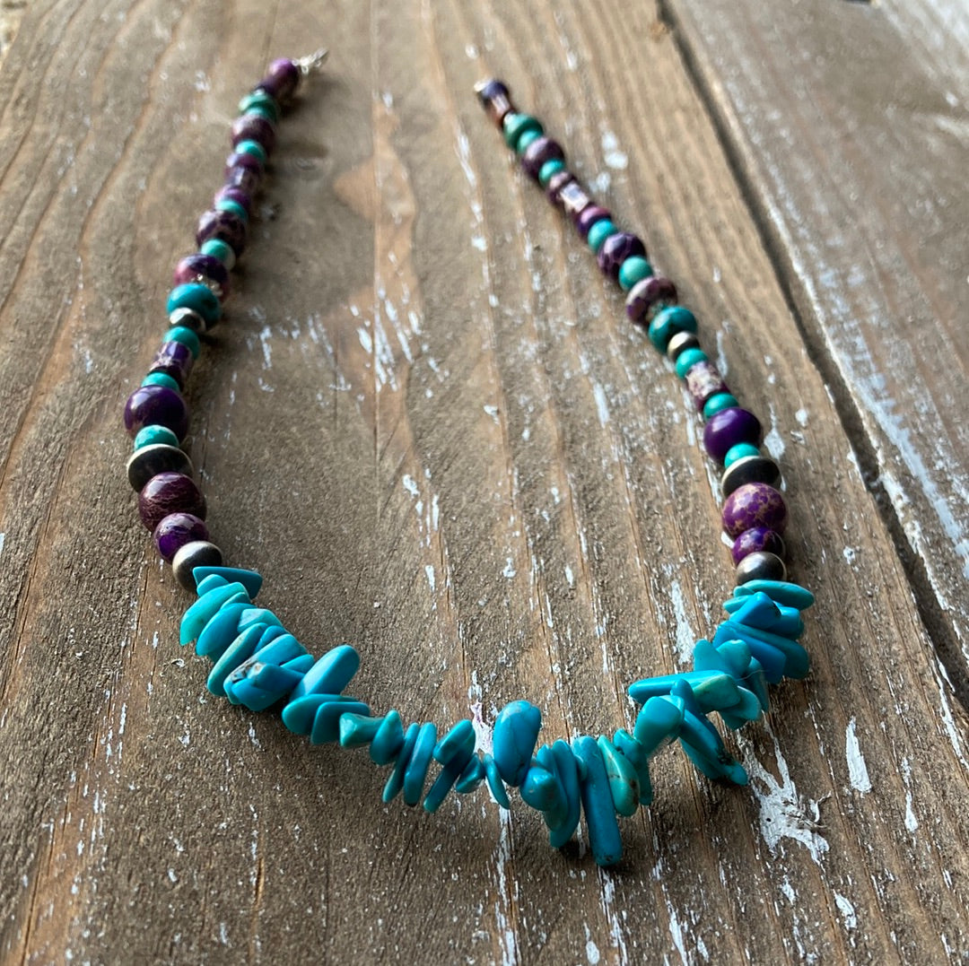 Purple Imperial Jasper and Turquoise Chip Necklace