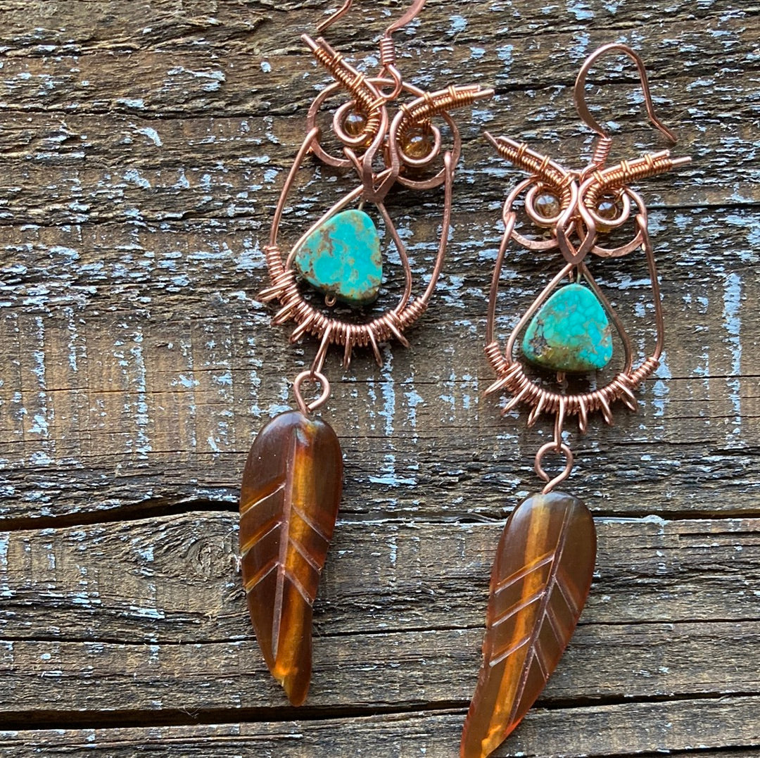 Copper Owl Earrings Baltic Amber and Turquoise