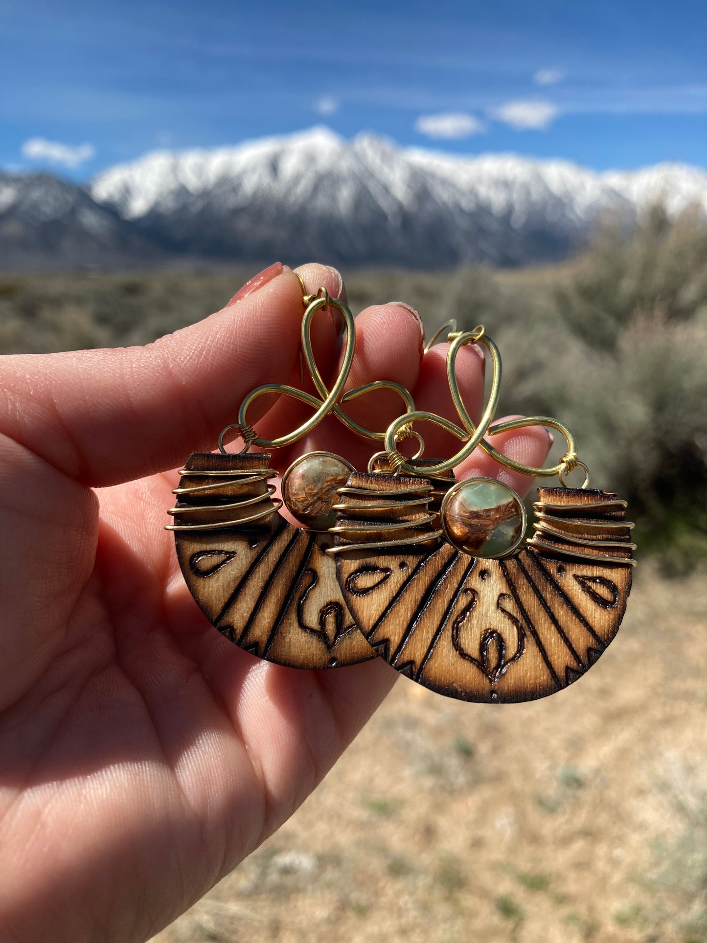 Wood-Burned and Wire-Wrapped Chrysophase Boho Earrings