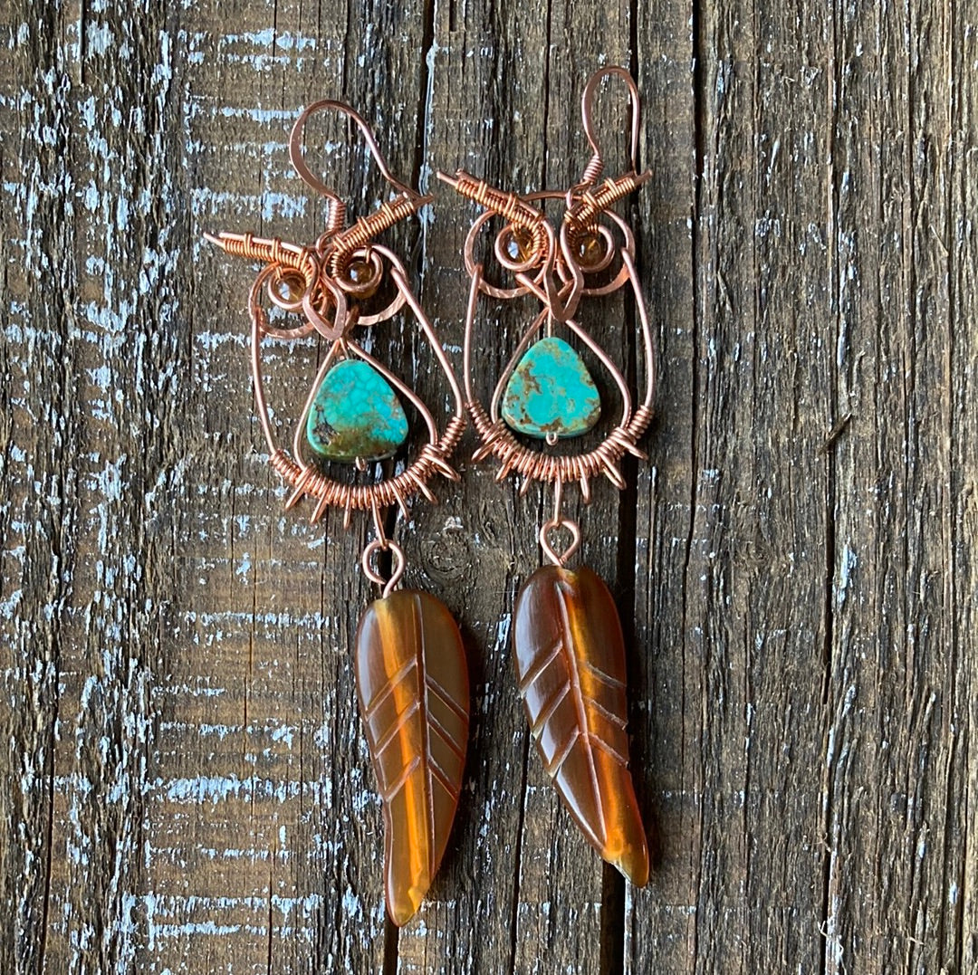 Copper Owl Earrings Baltic Amber and Turquoise