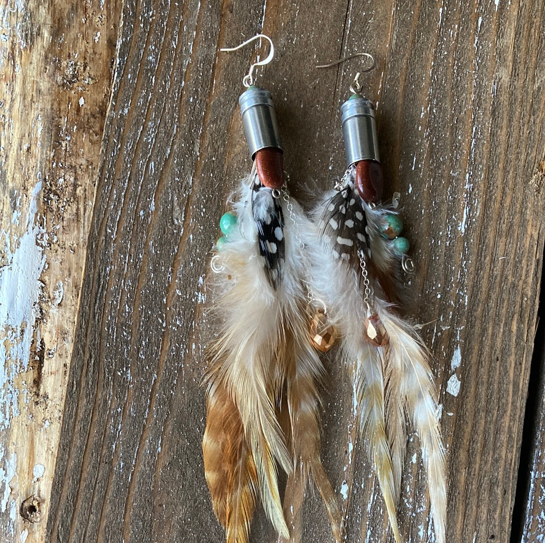 Bullet Charm and Feather Earrings