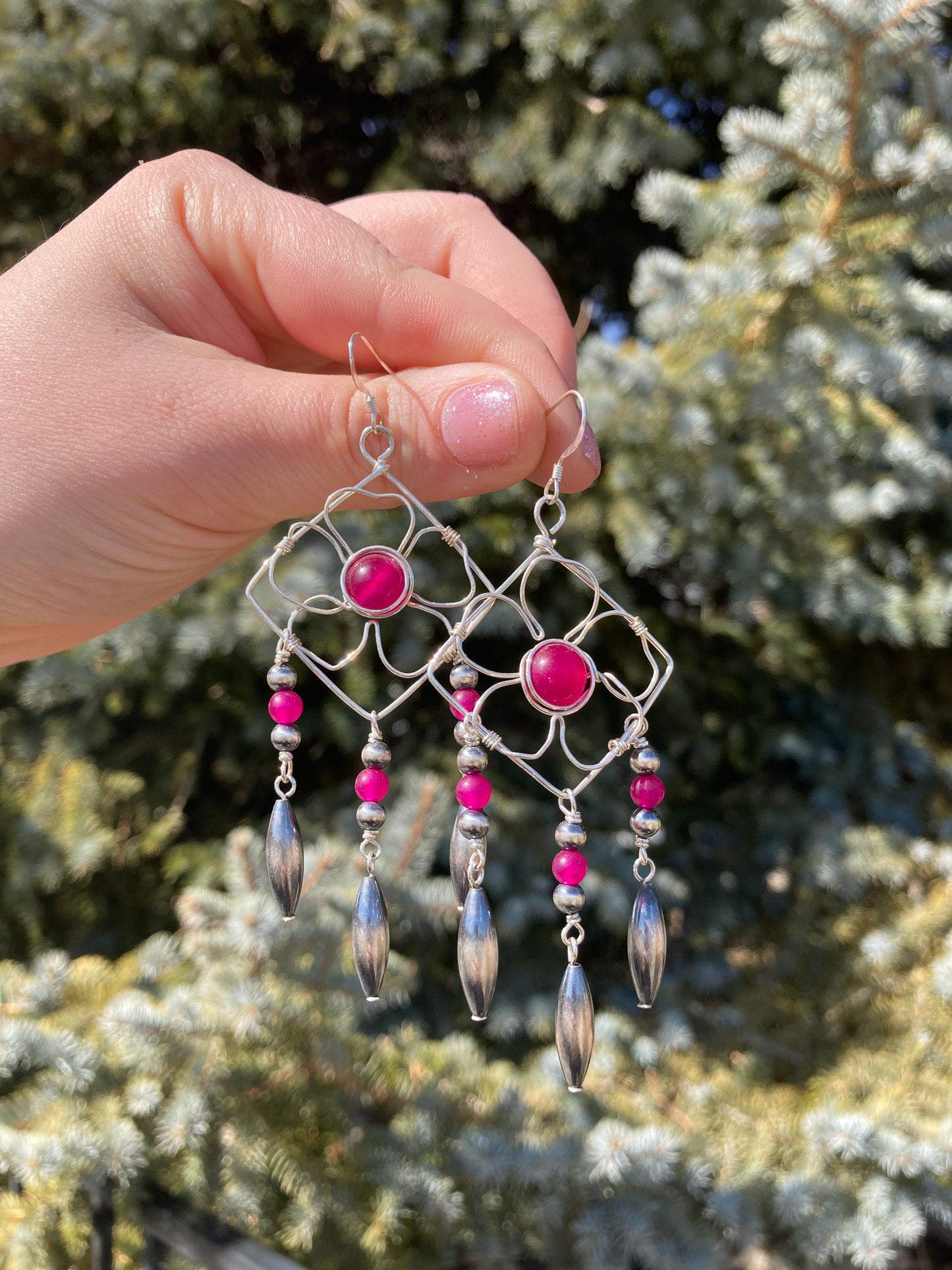 Pink Chalcedony Flower Chandelier Earrings