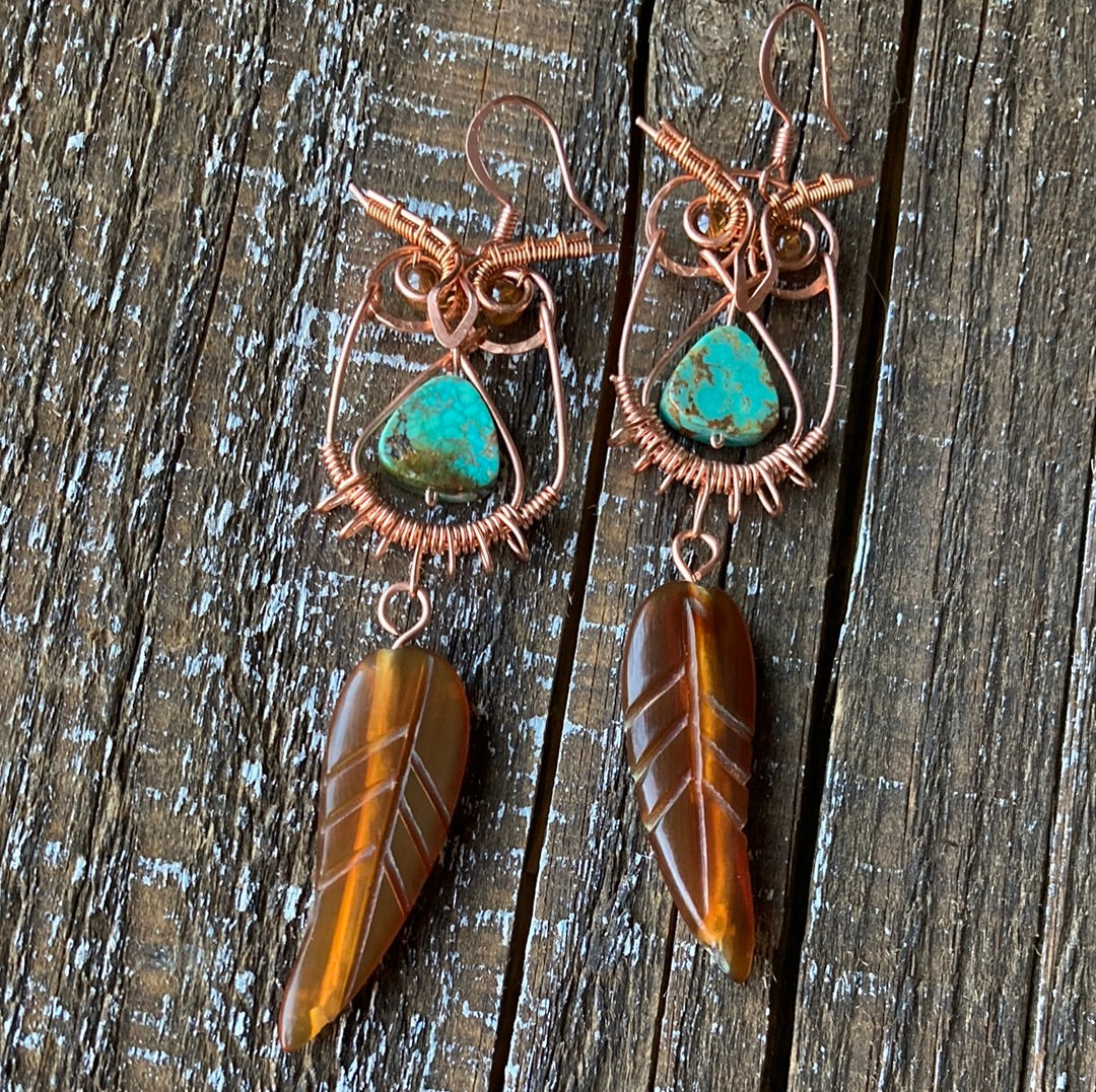 Copper Owl Earrings Baltic Amber and Turquoise