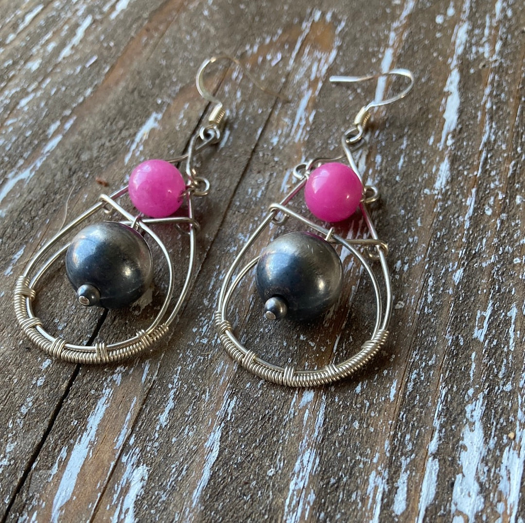 Pink Jade Wire-Wrapped Earrings