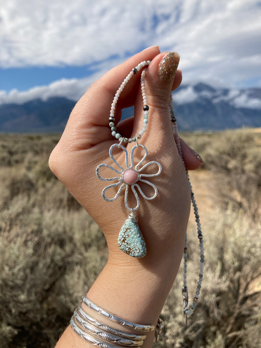 Nevada Turquoise and Pink Opal Daisy Necklace