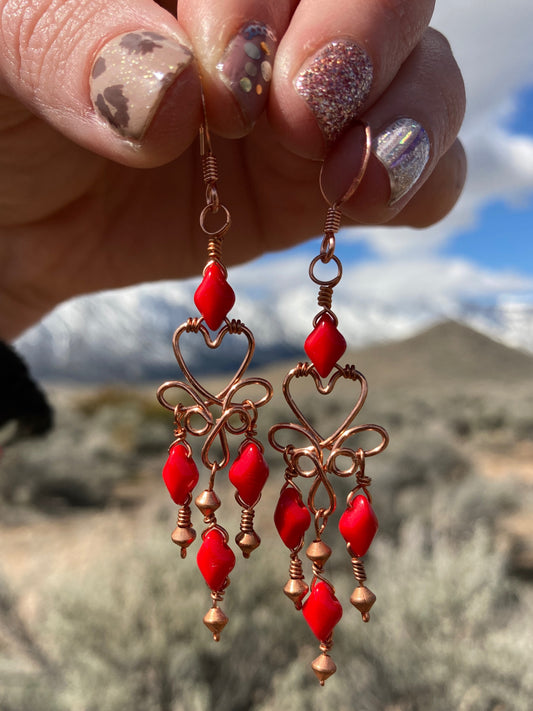 Copper and Red Heart Chandelier Earrings