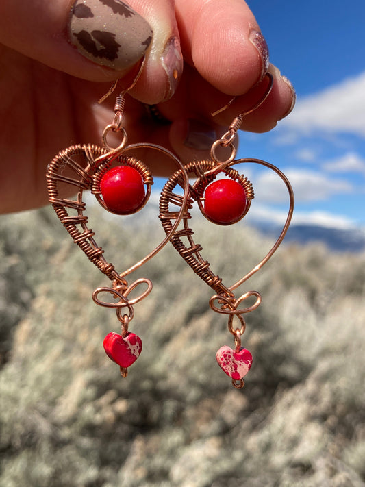 Copper and Red Heart Wire-wrapped Earrings