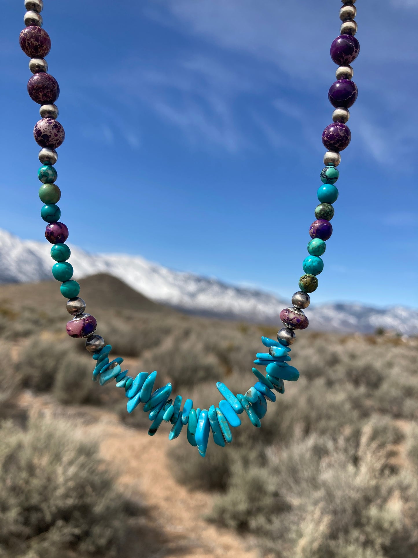 Purple Imperial Jasper and Turquoise Chip Necklace