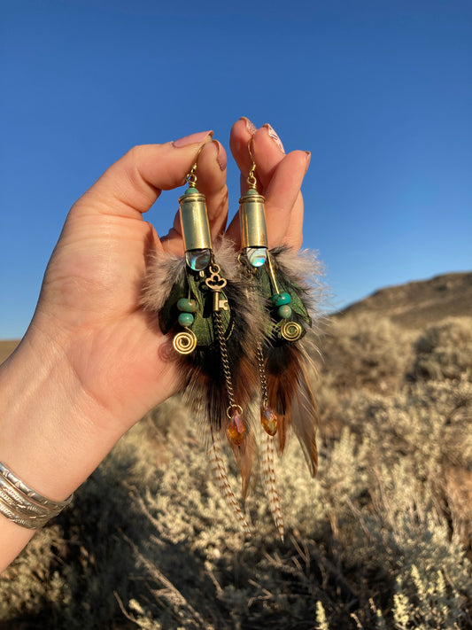 Bullet Charm and Feather Earrings