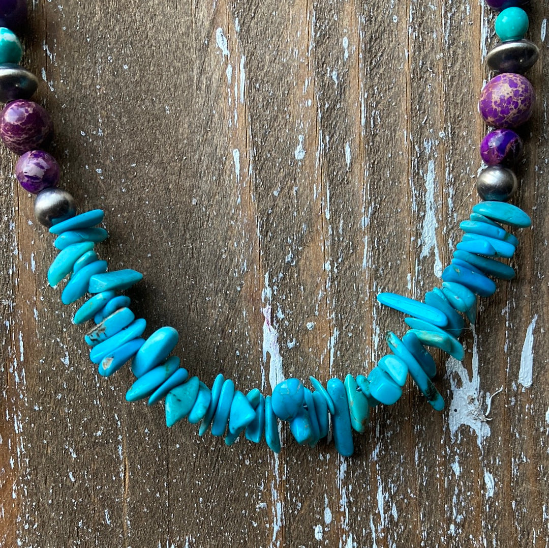 Purple Imperial Jasper and Turquoise Chip Necklace