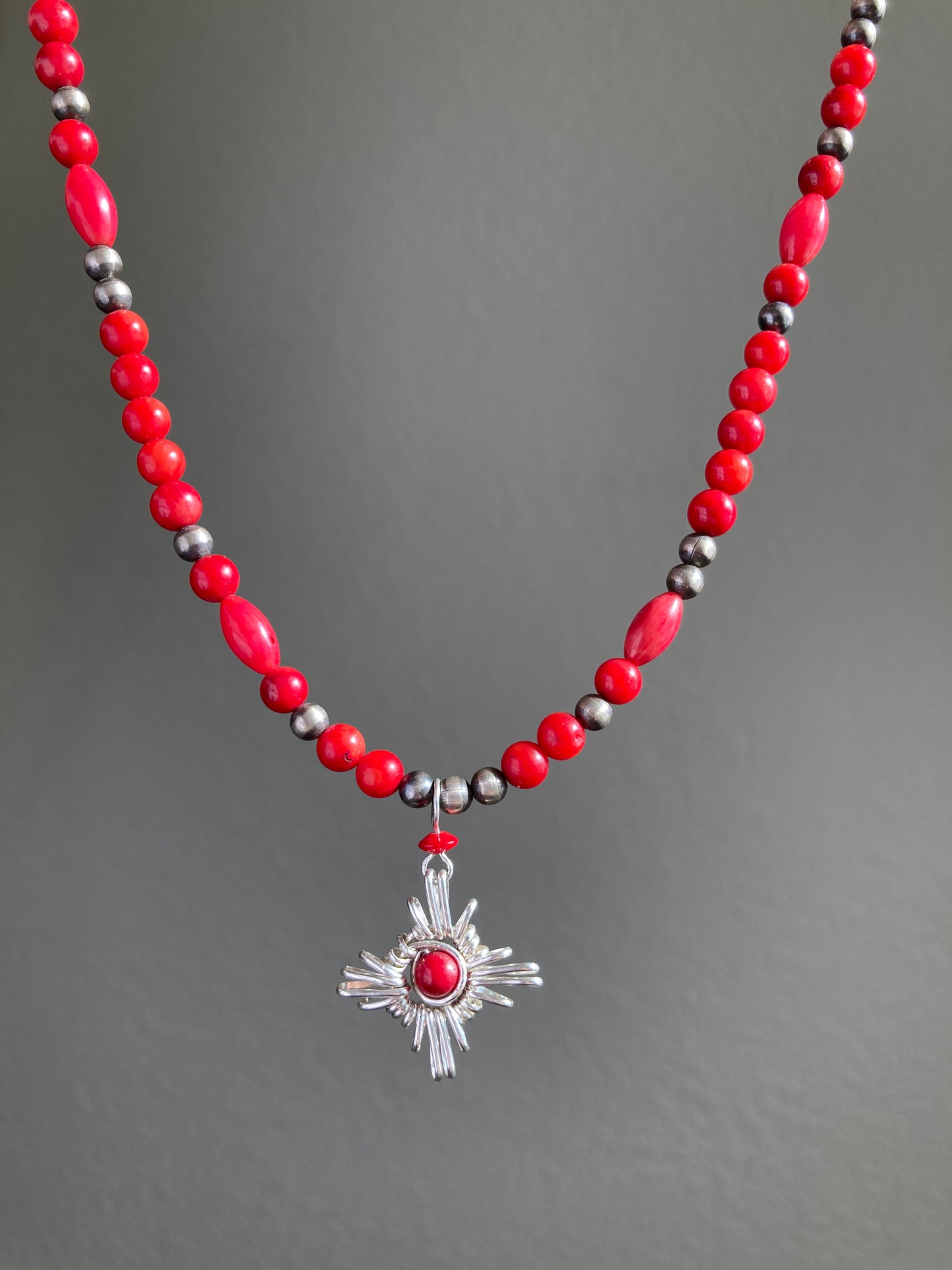 Red Coral Zia Pendant Navajo Pearl Necklace