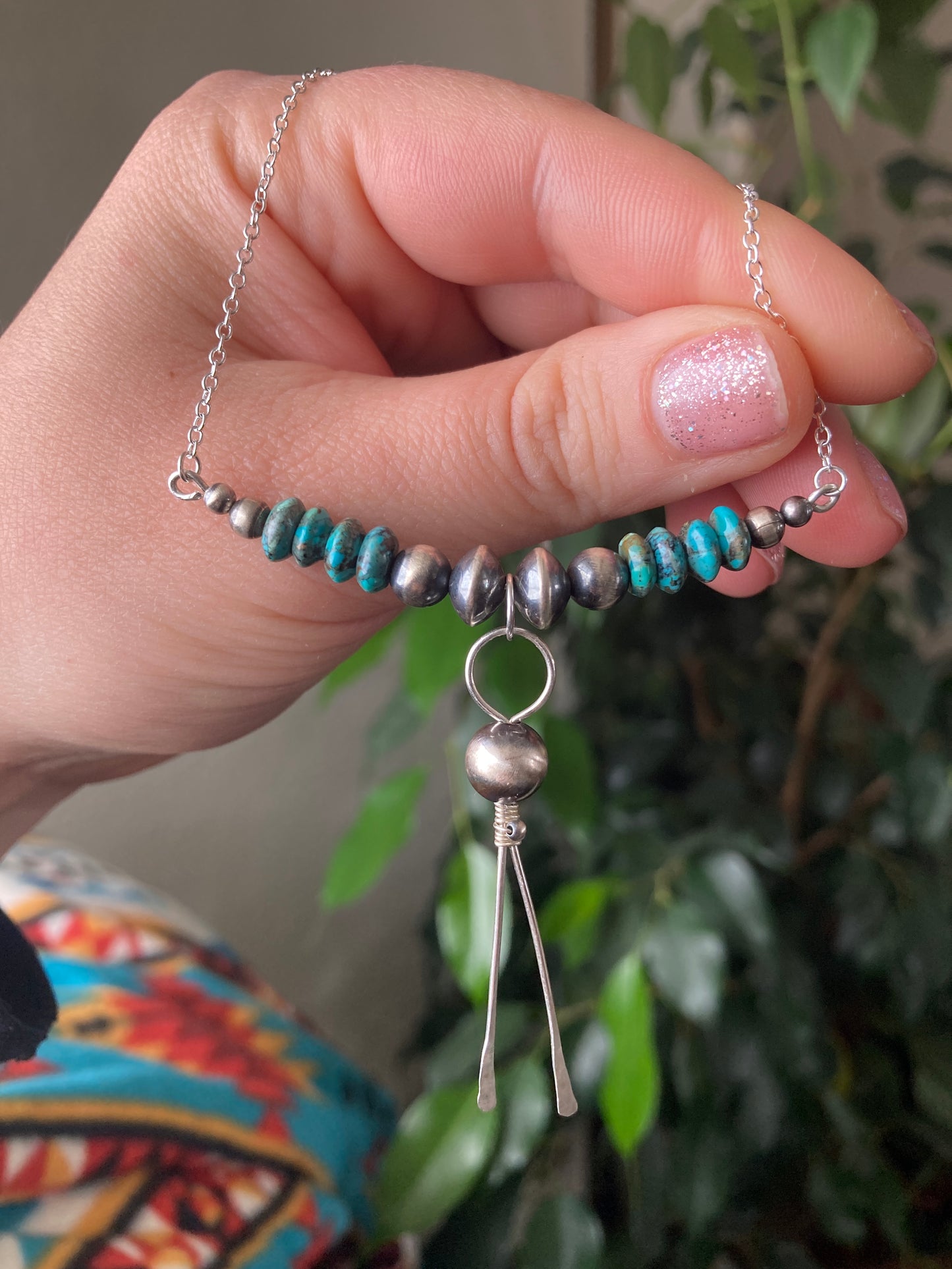 Turquoise Pearly Point Bar and Chain Necklace