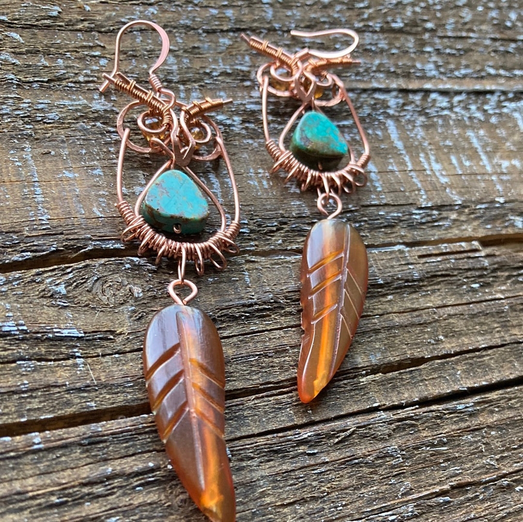 Copper Owl Earrings Baltic Amber and Turquoise