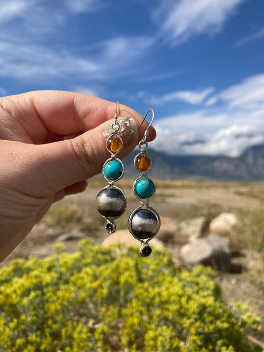 Baltic Amber and Turquoise Diamond Framed Earrings