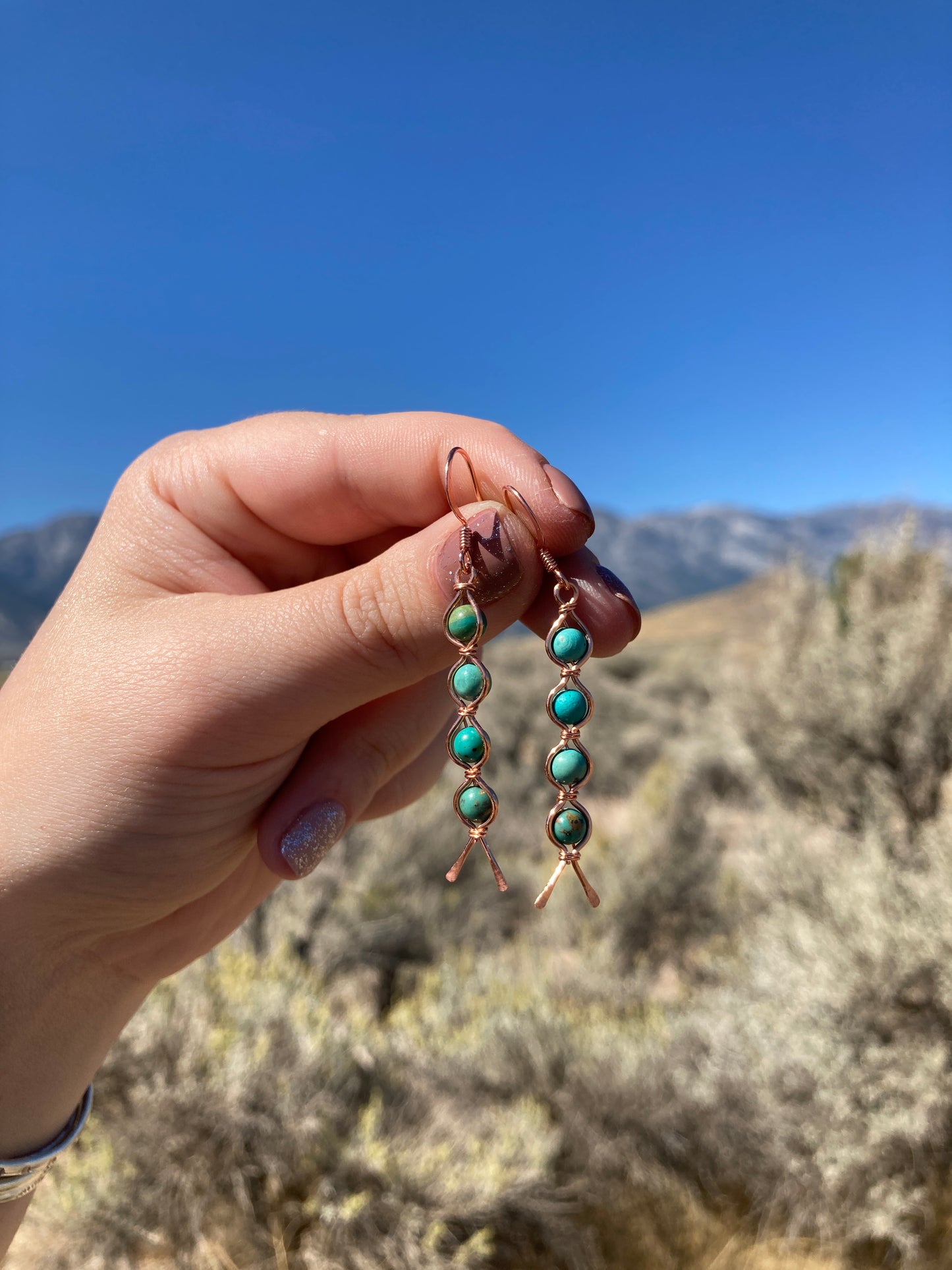 Copper and 4 Turquoise Wrapped Drop Earrings