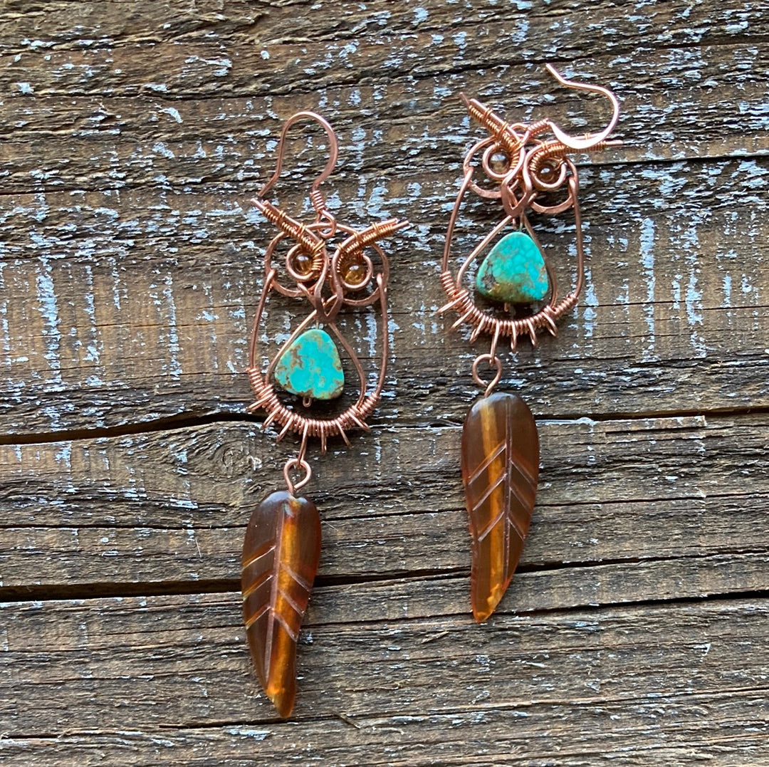 Copper Owl Earrings Baltic Amber and Turquoise