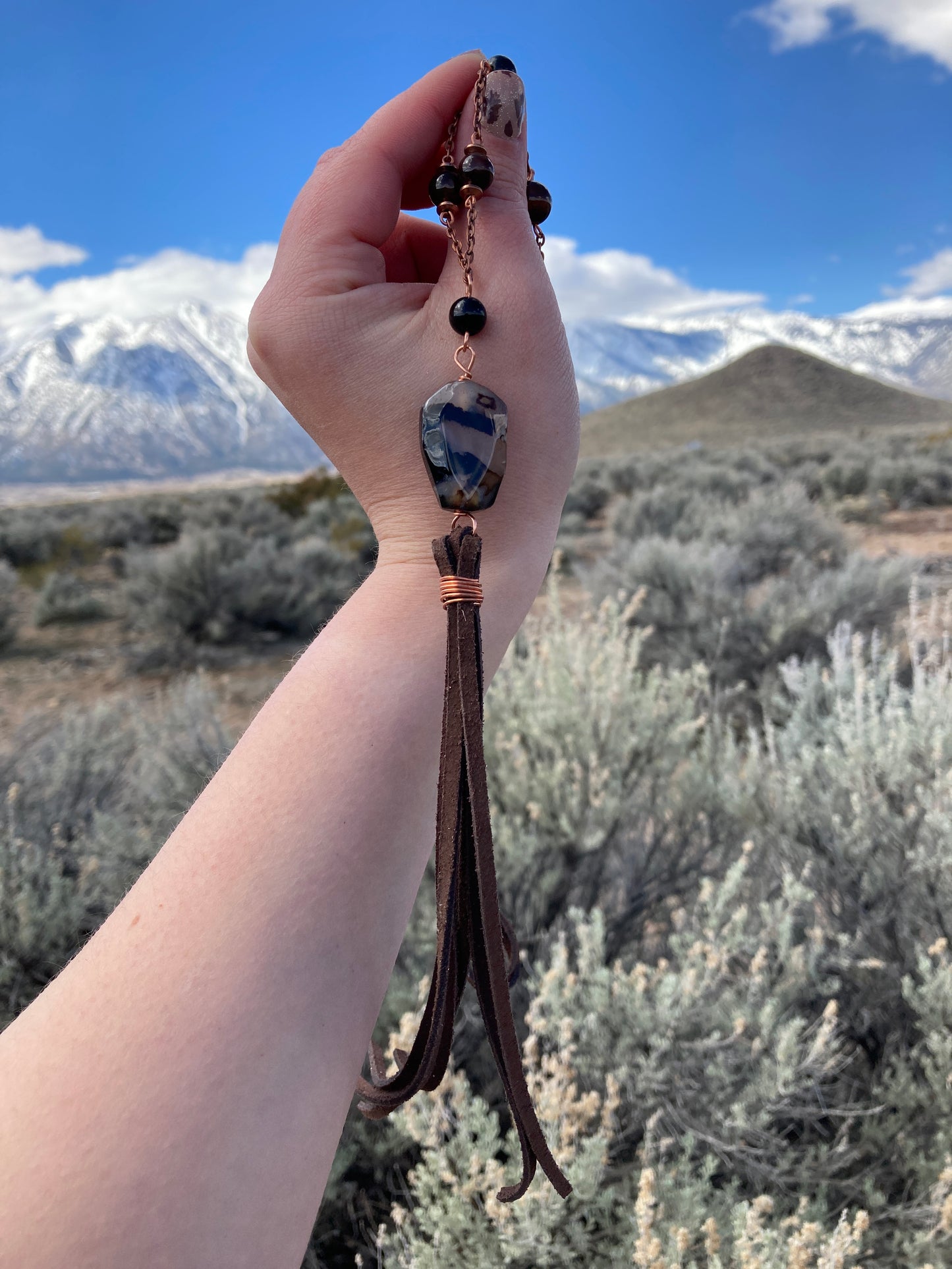 Copper and Brown Agate Leather Tassel Necklace