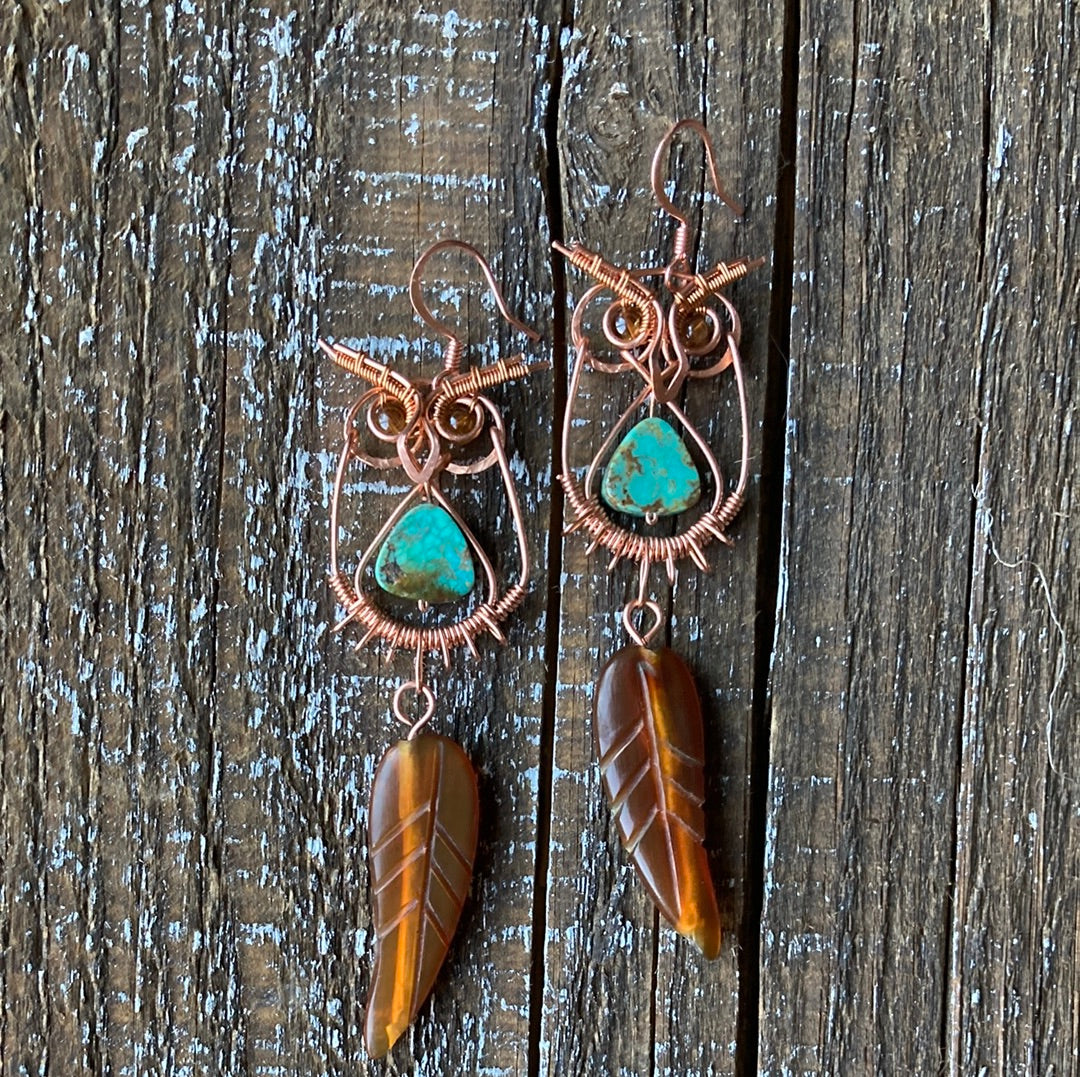 Copper Owl Earrings Baltic Amber and Turquoise