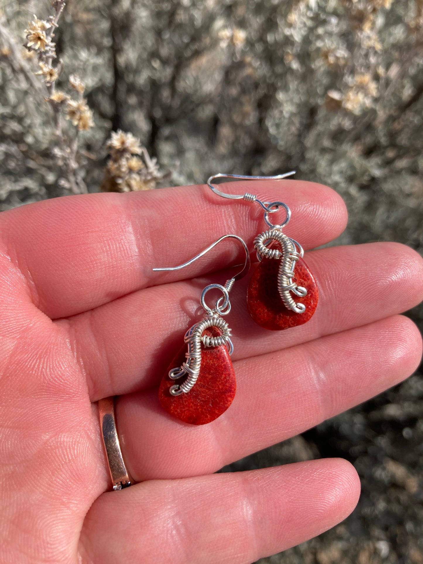 Red Sponge Coral Wire-Wrapped Teardrop Earrings