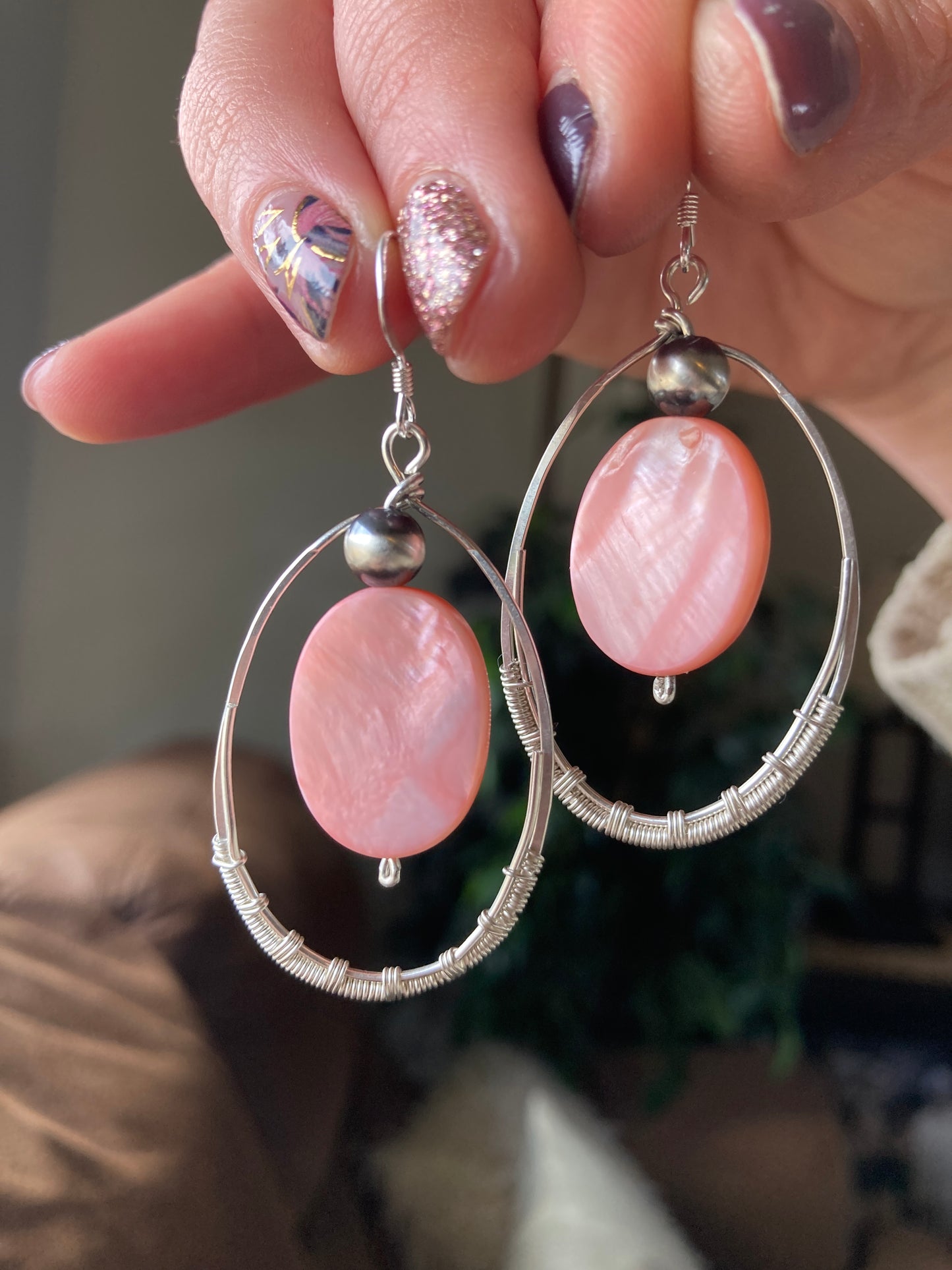 Pink Mother of Pearl Oval Hoops