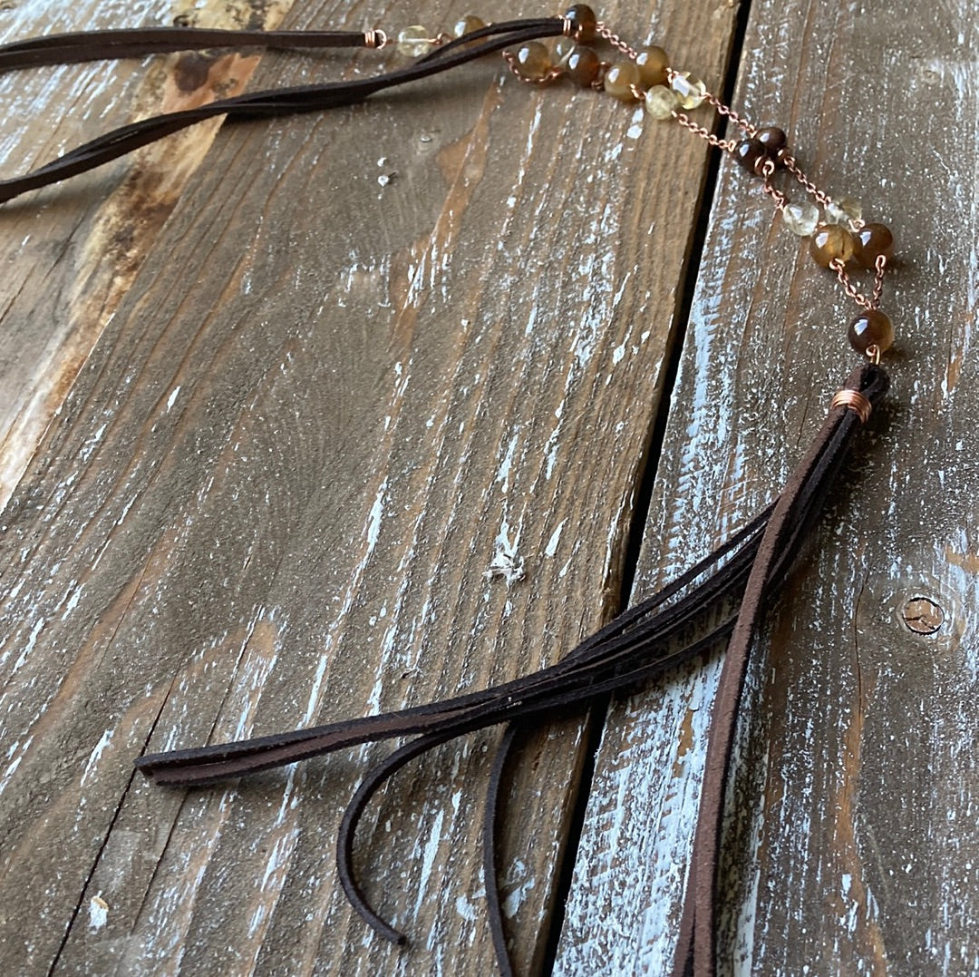 Copper and Brown Agate Leather Tassel Necklace