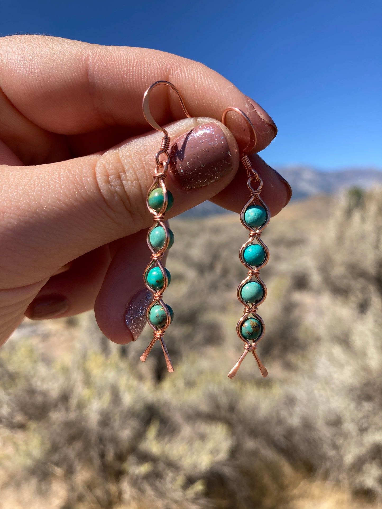 Copper and 4 Turquoise Wrapped Drop Earrings