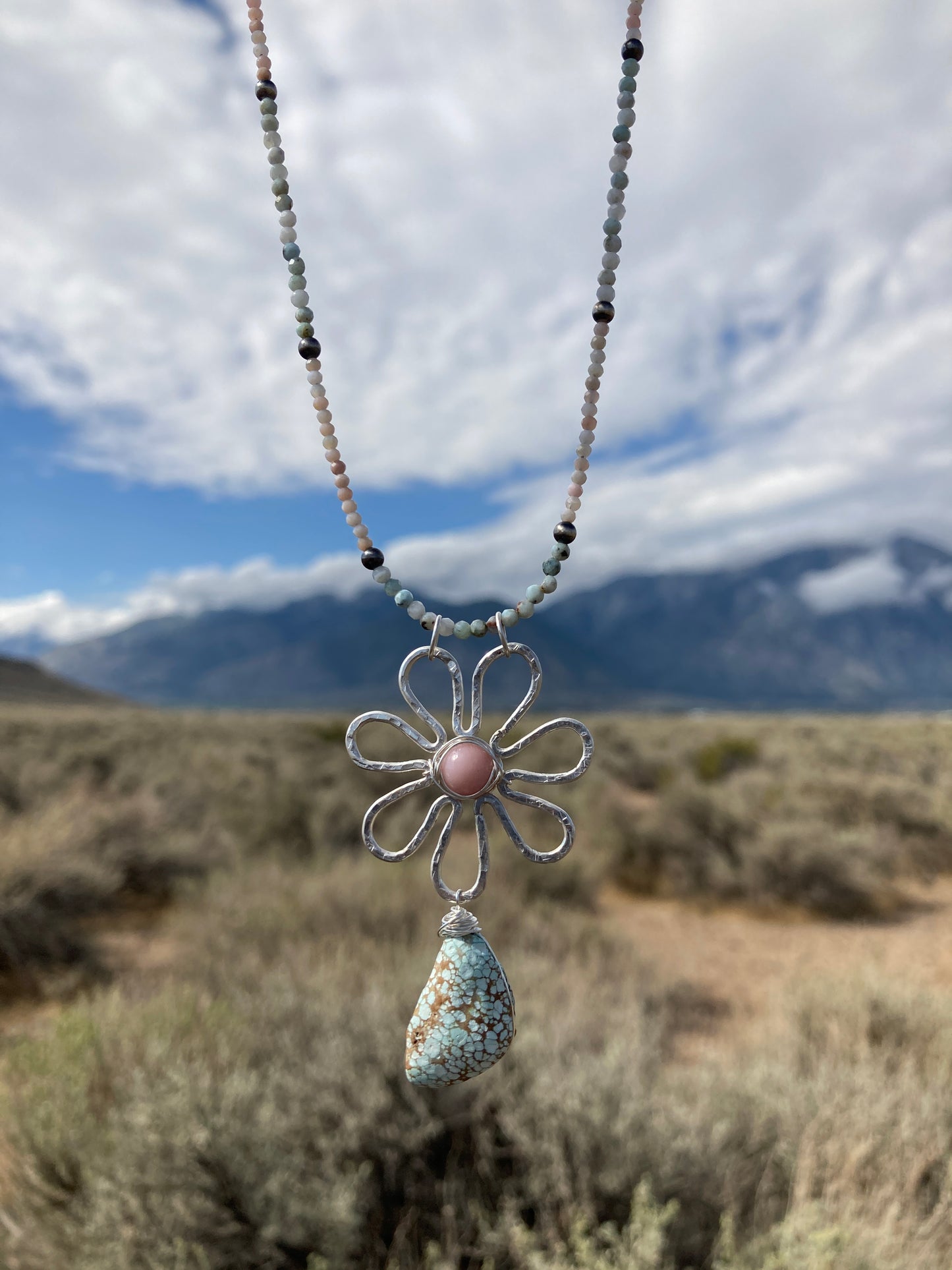 Nevada Turquoise and Pink Opal Daisy Necklace