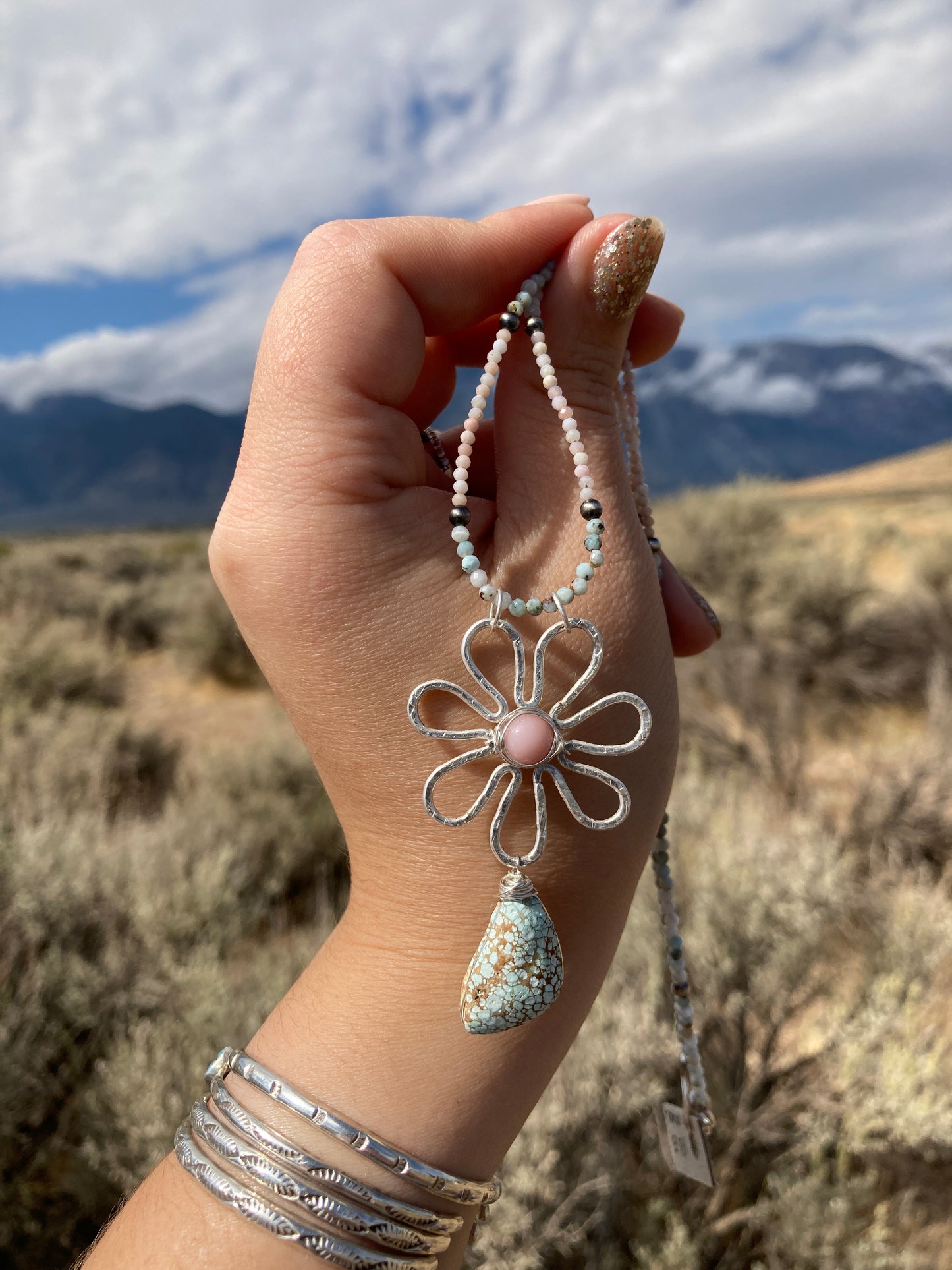 Nevada Turquoise and Pink Opal Daisy Necklace