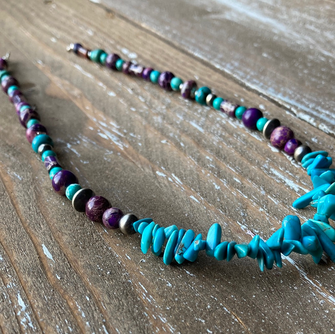 Purple Imperial Jasper and Turquoise Chip Necklace