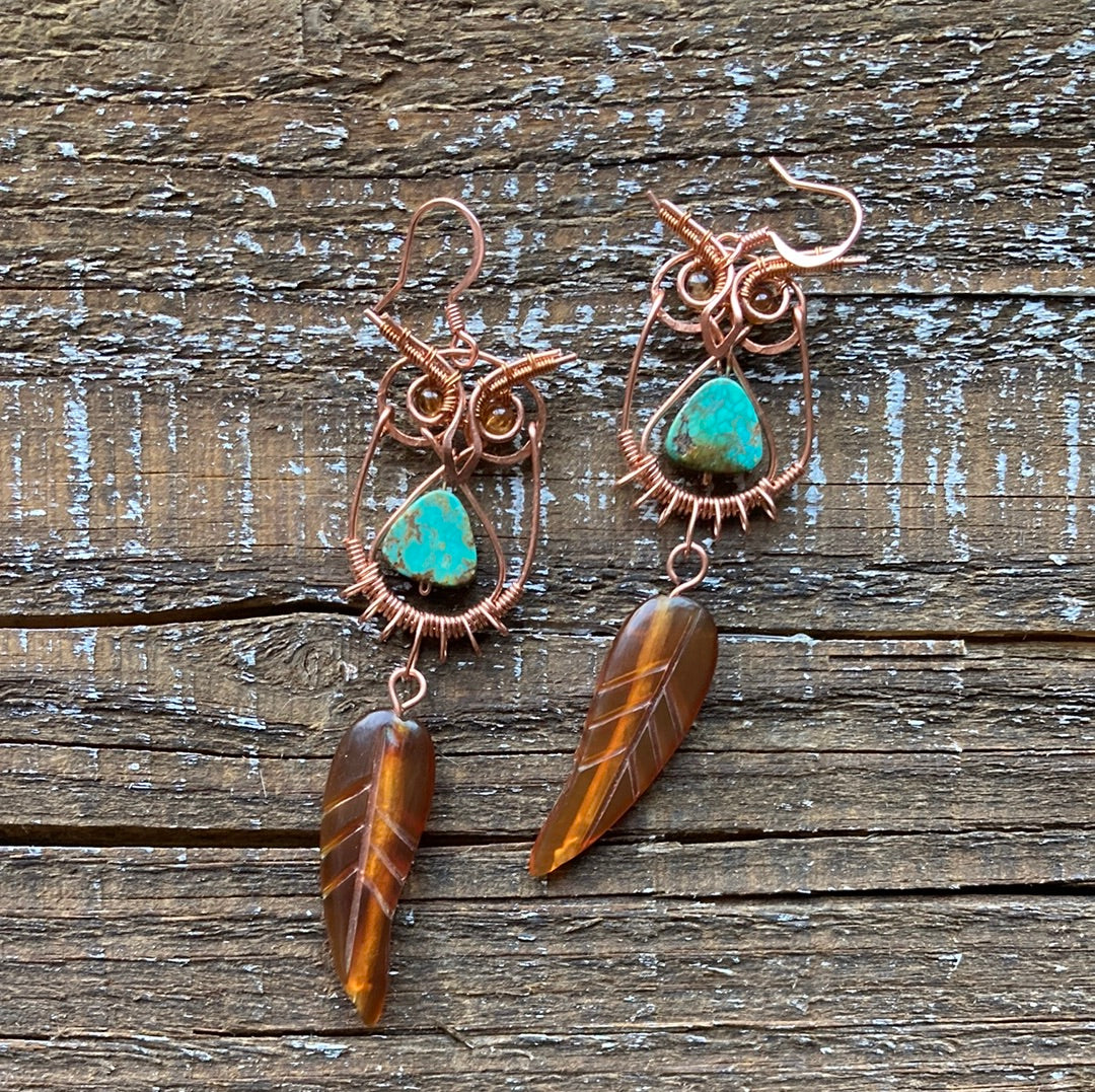 Copper Owl Earrings Baltic Amber and Turquoise