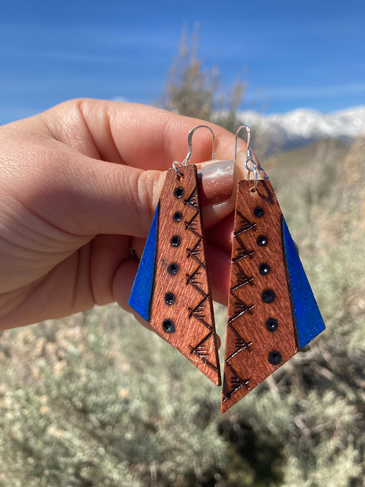 Wood-Burned and Painted Geometric Earrings