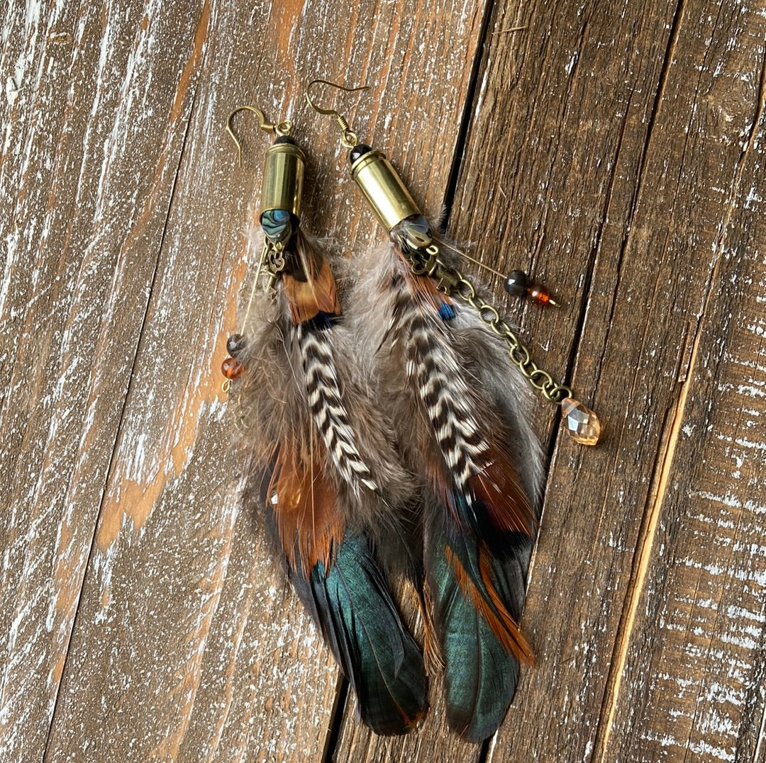 Bullet Charm and Feather Earrings